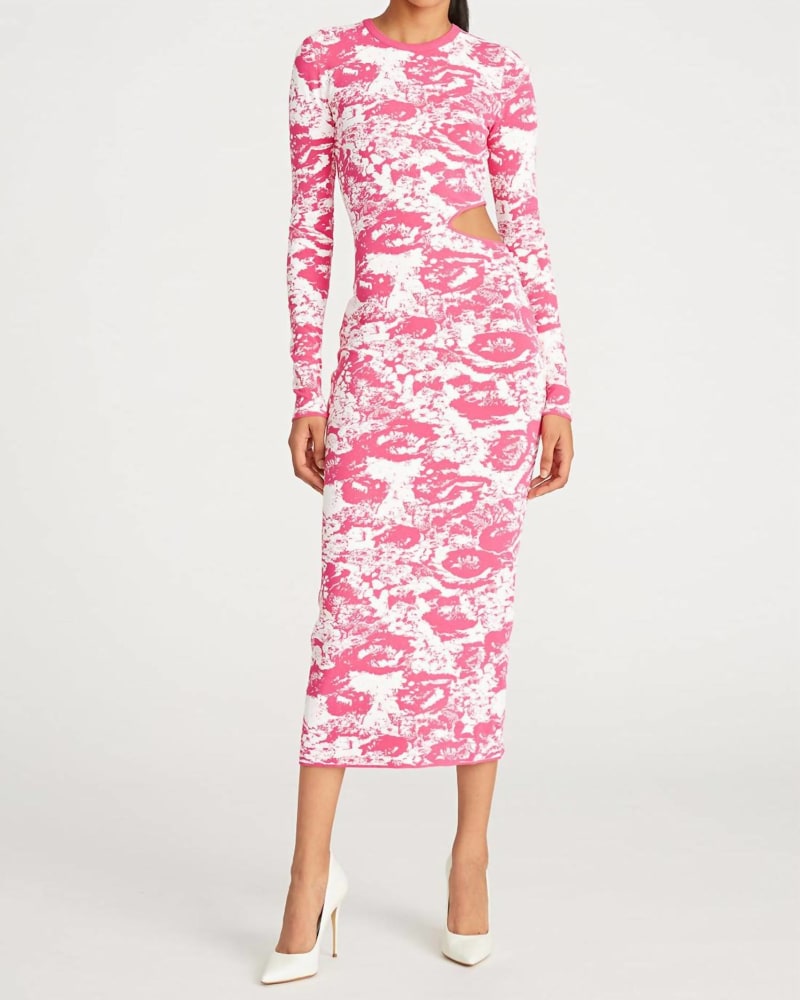 Front of a model wearing a size L Cooper Cutout Dress in Melon Two Tone Sketch Floral in Melon Two Tone Sketch Floral by AMUR. | dia_product_style_image_id:345599